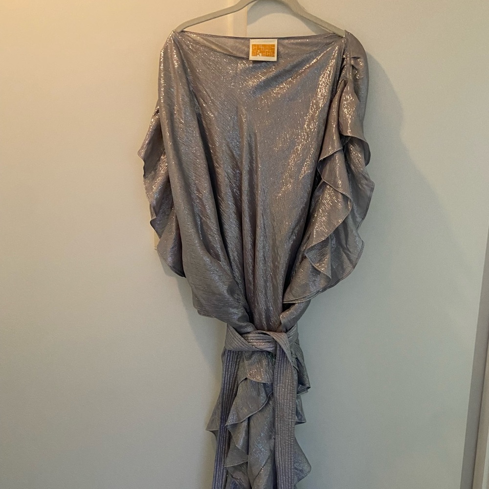 Electric Feathers silver Ruffle Kaftan Dress.